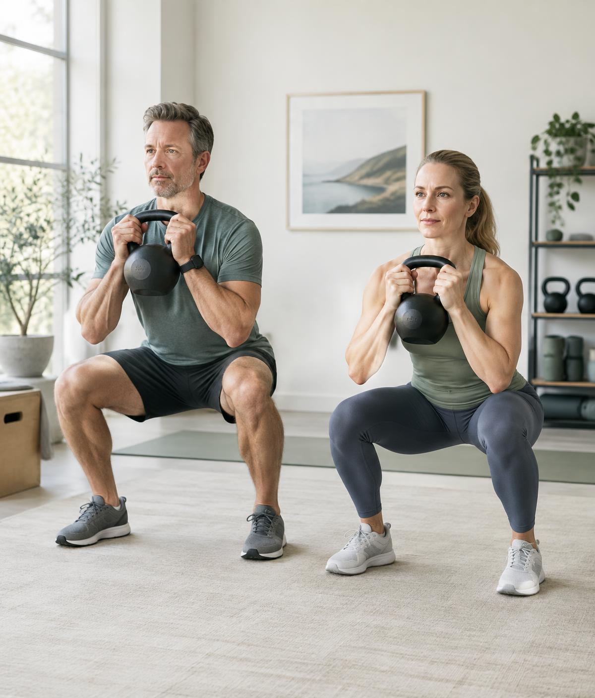 Adults training with kettlebells at home